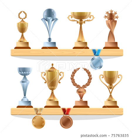 Trophy collections on the shelf. Golden, bronze and silver medals and cups. awards set Trophy collections on the shelf. Golden, bronze and silver medals and cups. awards set 75763835