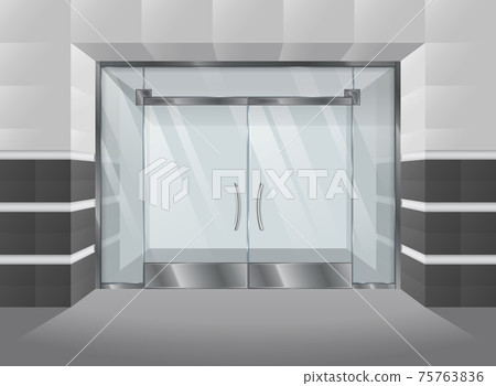 Realistic facade of shopping mall with glass doors and windows. illustration Realistic facade of shopping mall with glass doors and windows. illustration 75763836