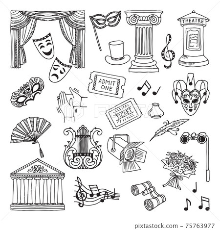 Doodle illustration set of theatre symbols. Lira, binoculars, masks. Opera icons 75763977