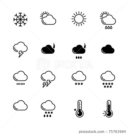 Mono line icons set. Weather symbols. Wind, rain and sunny illustrations 75763984