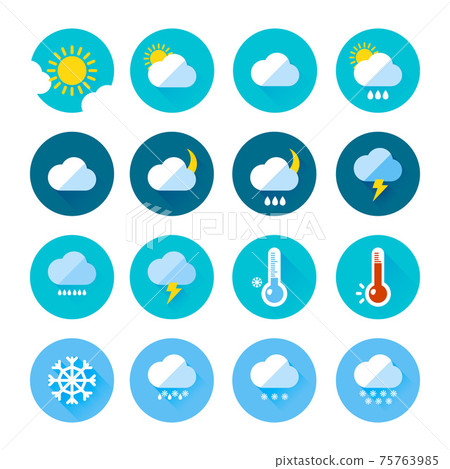 Colored weather icons in flat style. Different visualization of climate. Rainy and sunny days Colored weather icons in flat style. Different visualization of climate. Rainy and sunny days 75763985