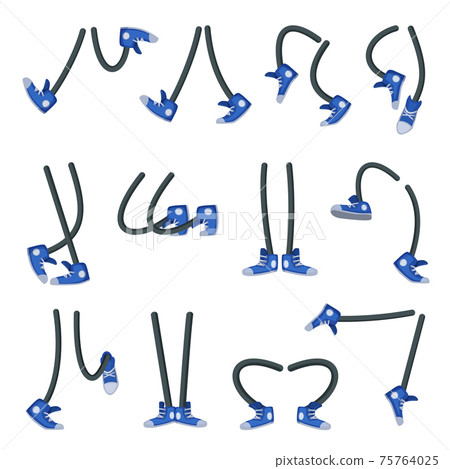 Characters legs in shoes. Different positions and situations. Walking, running and standing 75764025