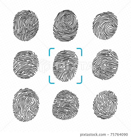 Set of different fingerprints. Police scanner for criminal identity. monochrome illustrations 75764090