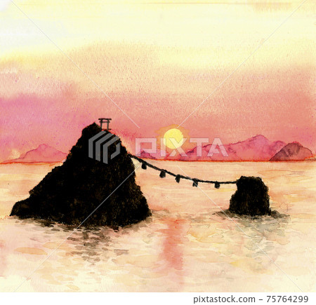 Watercolor: Meotoiwa dyed in the setting sun Sightseeing spots in Ise City, Mie Prefecture 75764299