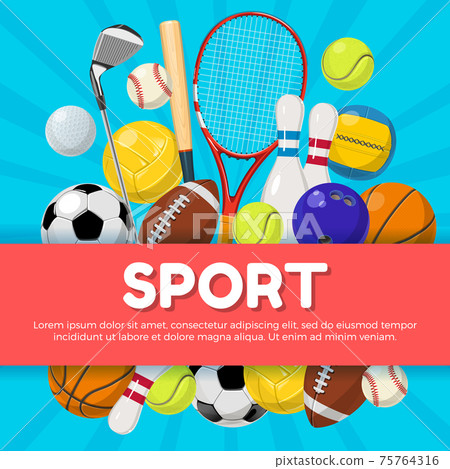 Sport poster design of different equipment on background and place for your text. illustrations 75764316