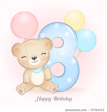 Cute little Bear birthday party with number, greeting card illustration 75764333
