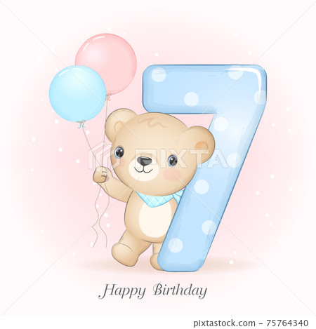 Cute little Bear birthday party with number, greeting card illustration 75764340