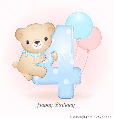Cute little Bear birthday party with number, greeting card illustration 75764347