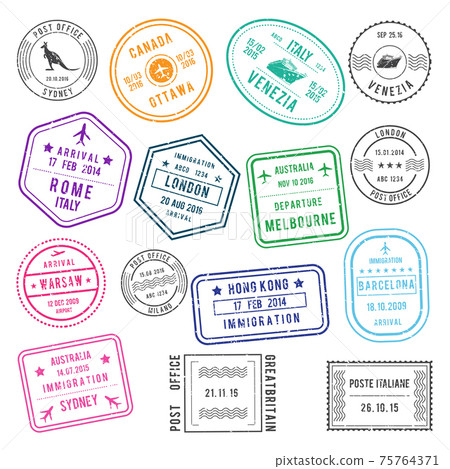 Postal and visa different stamps with airport and city names, also with traveling pictures. illustrations set 75764371