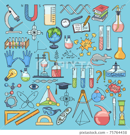 Colored items of science biology and chemical. hand drawn illustrations Colored items of science biology and chemical. hand drawn illustrations 75764438