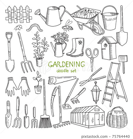 hand drawn illustrations of gardening. Different doodle elements set for garden work hand drawn illustrations of gardening. Different doodle elements set for garden work 75764440