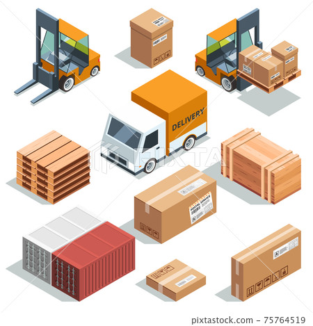 Isometric industry machine for lading, freight and different boxes and pallets. Logistic illustrations Isometric industry machine for lading, freight and different boxes and pallets. Logistic illustrations 75764519