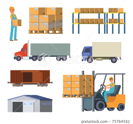 Warehouse and logistics processes. Worker with packages. Different specific cars Warehouse and logistics processes. Worker with packages. Different specific cars 75764582