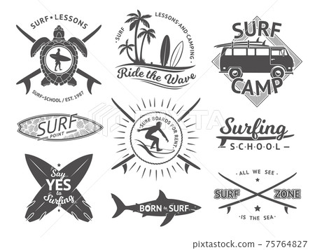 elements for labels or badges. Surfing, hawaii surfboard and sea. Monochrome illustration set elements for labels or badges. Surfing, hawaii surfboard and sea. Monochrome illustration set 75764827
