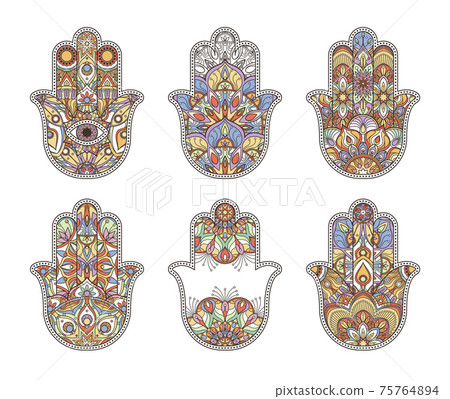 Thailand ethnic hand drawn hamsa hands. ornaments Thailand ethnic hand drawn hamsa hands. ornaments 75764894