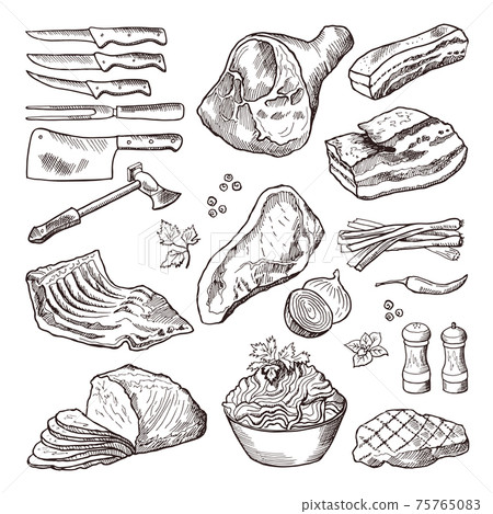 Different meat food. Pork, bacon and kitchen accessories. Knife and axe hand drawn picture 75765083