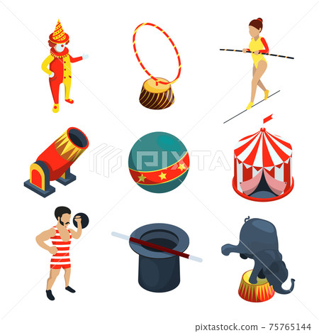 Circus icon set. People, animals, magician show clowns and other illustration in cartoon style 75765144