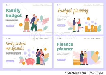 Family budget and home finance planning websites set, flat vector illustration. Family budget and home finance planning websites set, flat vector illustration. 75765361