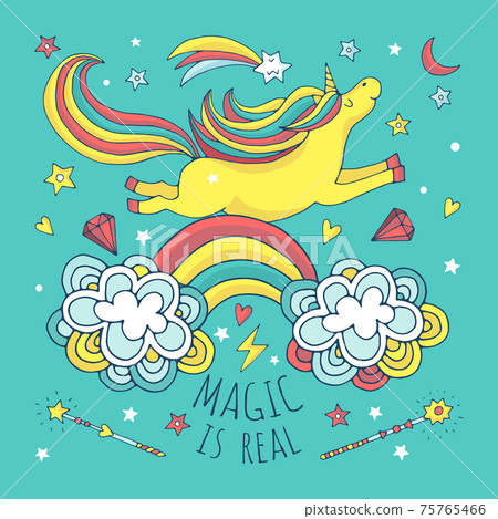 Magic background, poster with unicorn and rainbow Magic background, poster with unicorn and rainbow 75765466