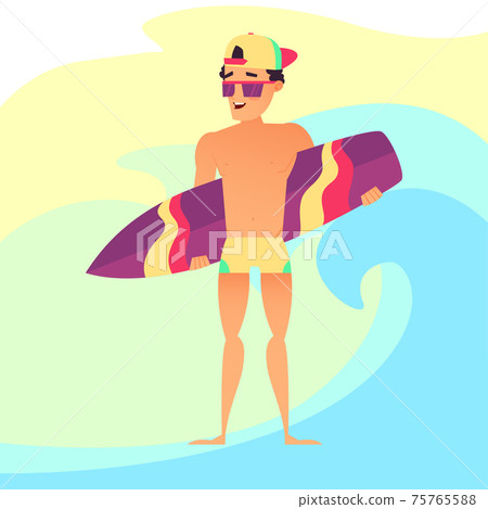 Surfing summer vacation, Surfer guy with surfboard. Cartoon style Surfing summer vacation, Surfer guy with surfboard. Cartoon style 75765588