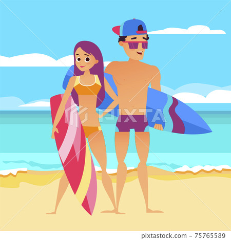 Surfing summer vacation, Guy with a girl on the beach holding their surfboards Surfing summer vacation, Guy with a girl on the beach holding their surfboards 75765589