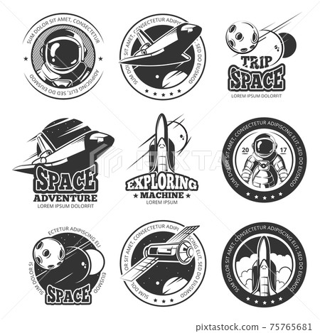 Vintage space, astronautics, shuttle flight labels, logos, badges, emblems Vintage space, astronautics, shuttle flight labels, logos, badges, emblems 75765681