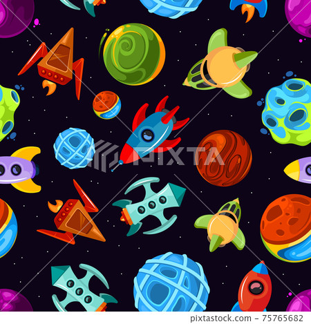 Space seamless pattern with spaceships, stars, planet and rockets, childrens fantastic background Space seamless pattern with spaceships, stars, planet and rockets, childrens fantastic background 75765682