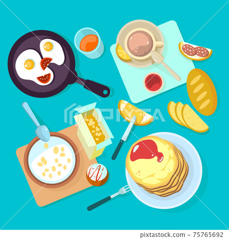 Fresh healthy breakfast food and drinks top view isolated on blue backgraund 75765692