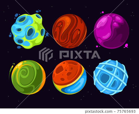 Cartoon alien planets on dark blue starry space background Cartoon alien planets on dark blue starry space background 75765693