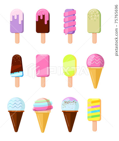 Cartoon ice cream in wafer cone set illustration Cartoon ice cream in wafer cone set illustration 75765696
