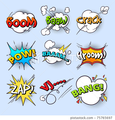 Cartoon speech bubbles, explode bang sound with comic text elements collection 75765697