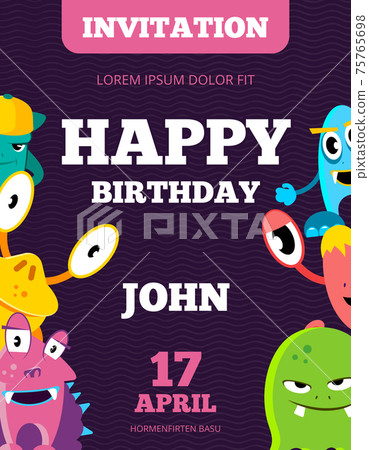 Children happy birthday invitation card with playful funny laughing monsters Children happy birthday invitation card with playful funny laughing monsters 75765698