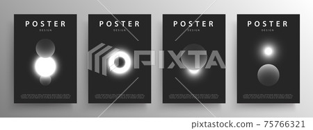 Set of minimalist abstract black and white outer space design for the poster or wall decoration, vector. Outer space monochrome scenes with glowing star and planets. 75766321