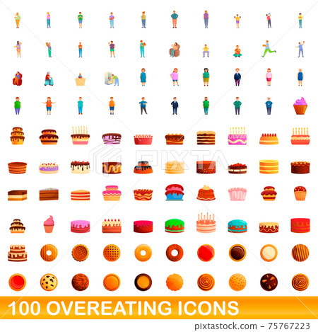 100 overeating icons set, cartoon style 75767223
