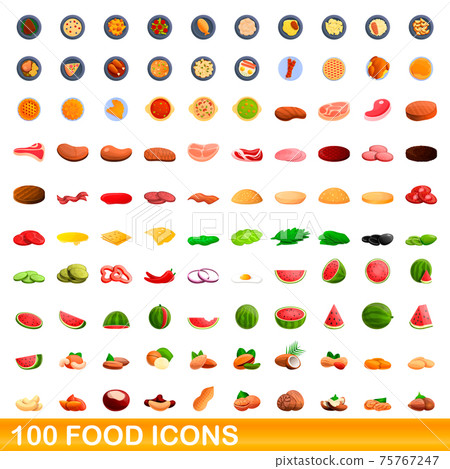100 food icons set, cartoon style 100 food icons set, cartoon style 75767247