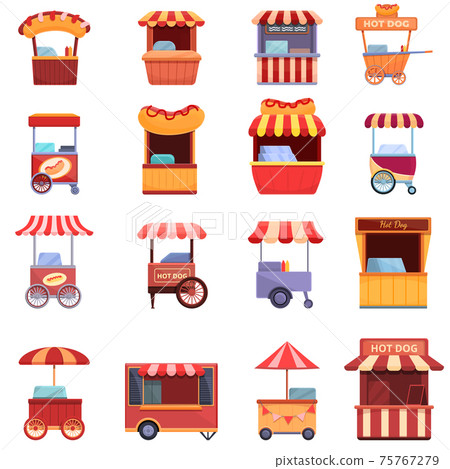 Hot dog cart icons set, cartoon style 75767279