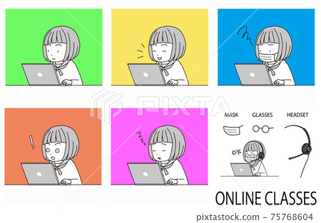 Laptop and bob girl (remote lessons, online learning, videophone) 75768604