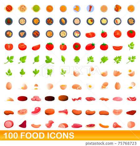 100 food icons set, cartoon style 75768723