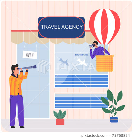 Man looks through telescope, stands near travel agency. Banner with man in air balloon in mountains Man looks through telescope, stands near travel agency. Banner with man in air balloon in mountains 75768854