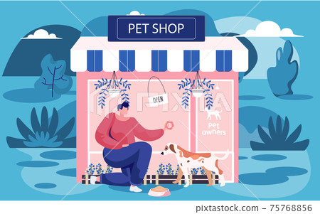 Pet shop concept, awning with showcase animal accessories store. Woman feeding spotted dog Pet shop concept, awning with showcase animal accessories store. Woman feeding spotted dog 75768856