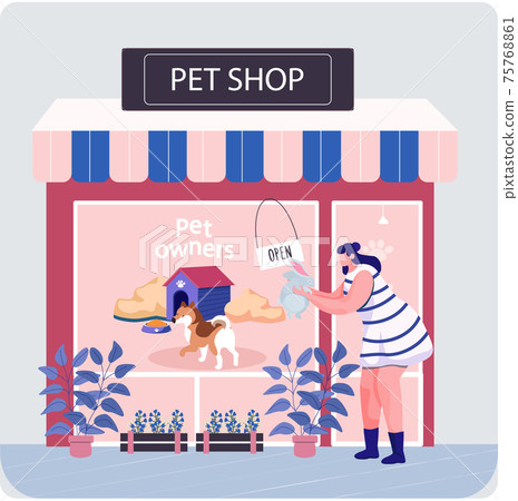 Pet shop with signboard, veterinarian market with showcase, animal accessories store indoors Pet shop with signboard, veterinarian market with showcase, animal accessories store indoors 75768861