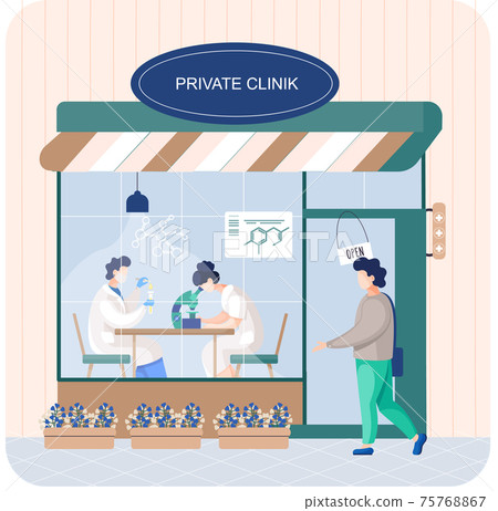 Patient enters private clinic. Doctor in medical uniform in hospital or laboratory doing tests Patient enters private clinic. Doctor in medical uniform in hospital or laboratory doing tests 75768867