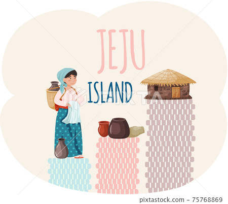 Travel Jeju island, attractions with asian village old house and woman dressed in national clothes Travel Jeju island, attractions with asian village old house and woman dressed in national clothes 75768869