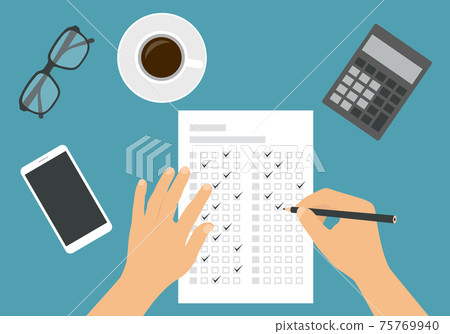 Flat design illustration of a man or woman's hand filling out a professional test answer form with a pencil. Cup of coffee with calculator and glasses on green background, vector Flat design illustration of a man or woman's hand filling out a professional test answer form with a pencil. Cup of coffee with calculator and glasses on green background, vector 75769940