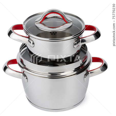 Set of new metal saucepans isolated on white Set of new metal saucepans isolated on white 75770230