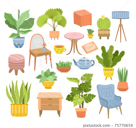 Urban jungle collection. Home indoor plants, succulent stickers and furniture. House living room interior elements, modern cozy exact vector elements 75770659