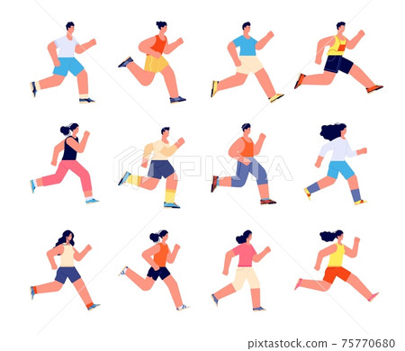 Running athletes characters. Profile jogger, athlete man jogging. Isolated athletic men run, sport exercise. Outdoor active people utter vector set 75770680