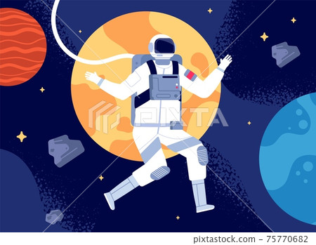 Astronaut in outer space. Spacewalk, astronauts fantastic journey. Cosmonaut in space suit, colorful discovery in utter universe vector concept 75770682