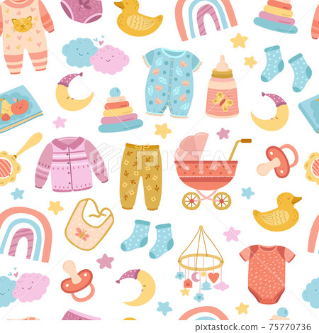 Nursery seamless pattern. Abstract rainbow, stars moon and simple bright kids elements. Cloth multicolor print, cute cloud exact vector texture Nursery seamless pattern. Abstract rainbow, stars moon and simple bright kids elements. Cloth multicolor print, cute cloud exact vector texture 75770736