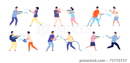 Water festival. People playing splashes, celebrate songkran fest. Happy summer games, woman man watering other from gun and bowl utter vector set 75770737